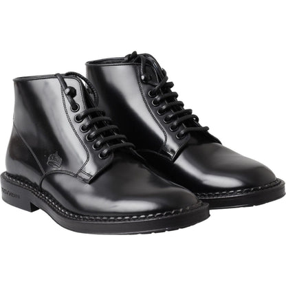 Dolce & Gabbana Black Leather Men Short Boots Lace Up Shoes