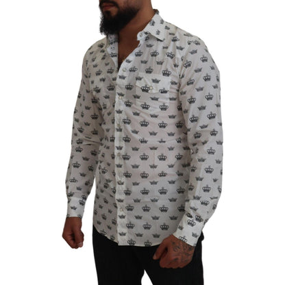 Dolce & Gabbana White Crown Print Slim Fit Cotton Shirt