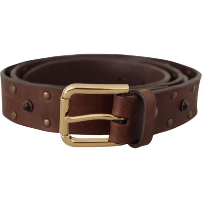 Dolce & Gabbana Brown Leather Studded Gold Tone Metal Buckle Belt