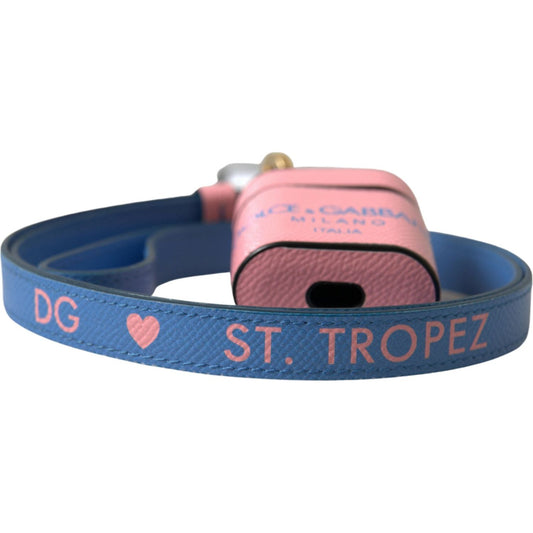 Dolce & Gabbana Pink Blue Calf Leather Logo Print Strap Airpods Case