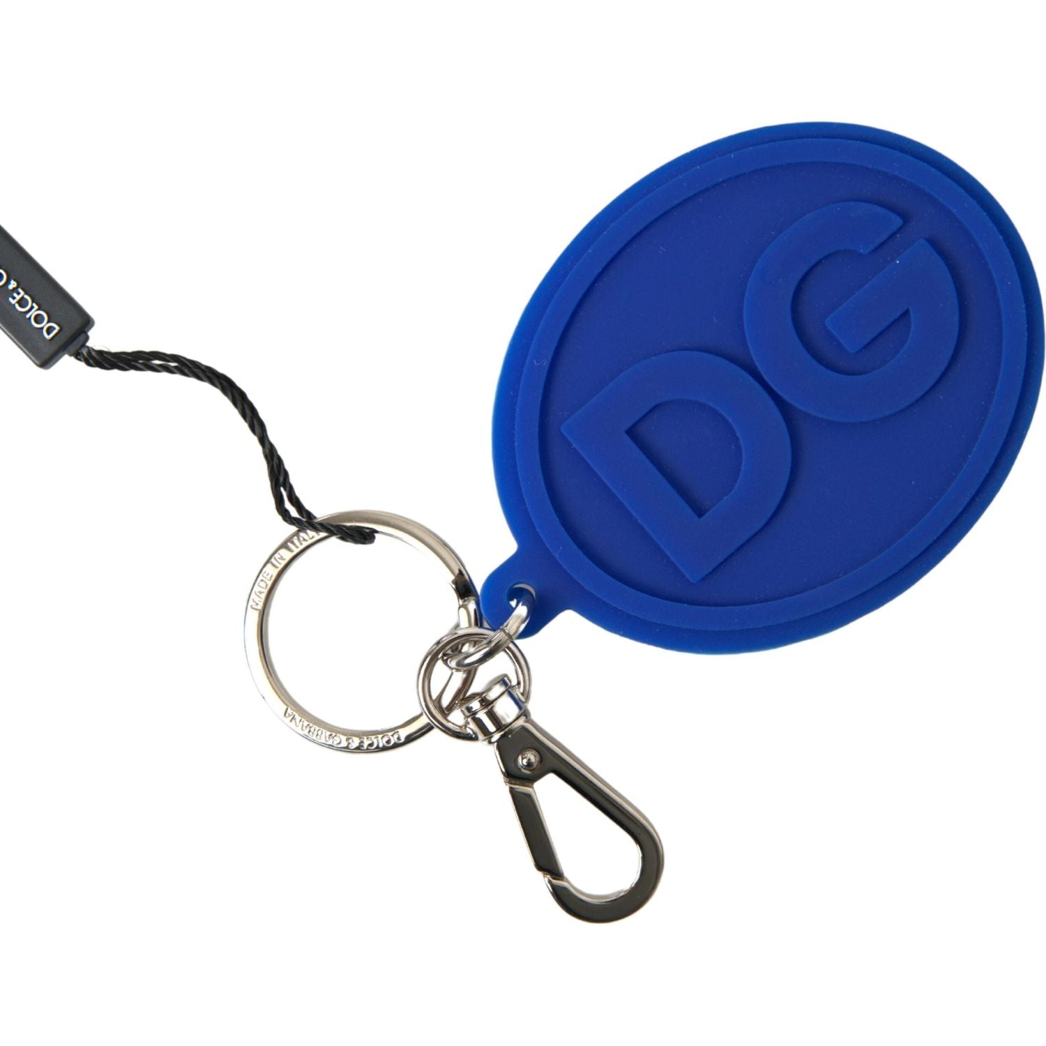 Dolce & Gabbana Blue Rubber DG Logo Silver Brass Metal Keyring Keychain