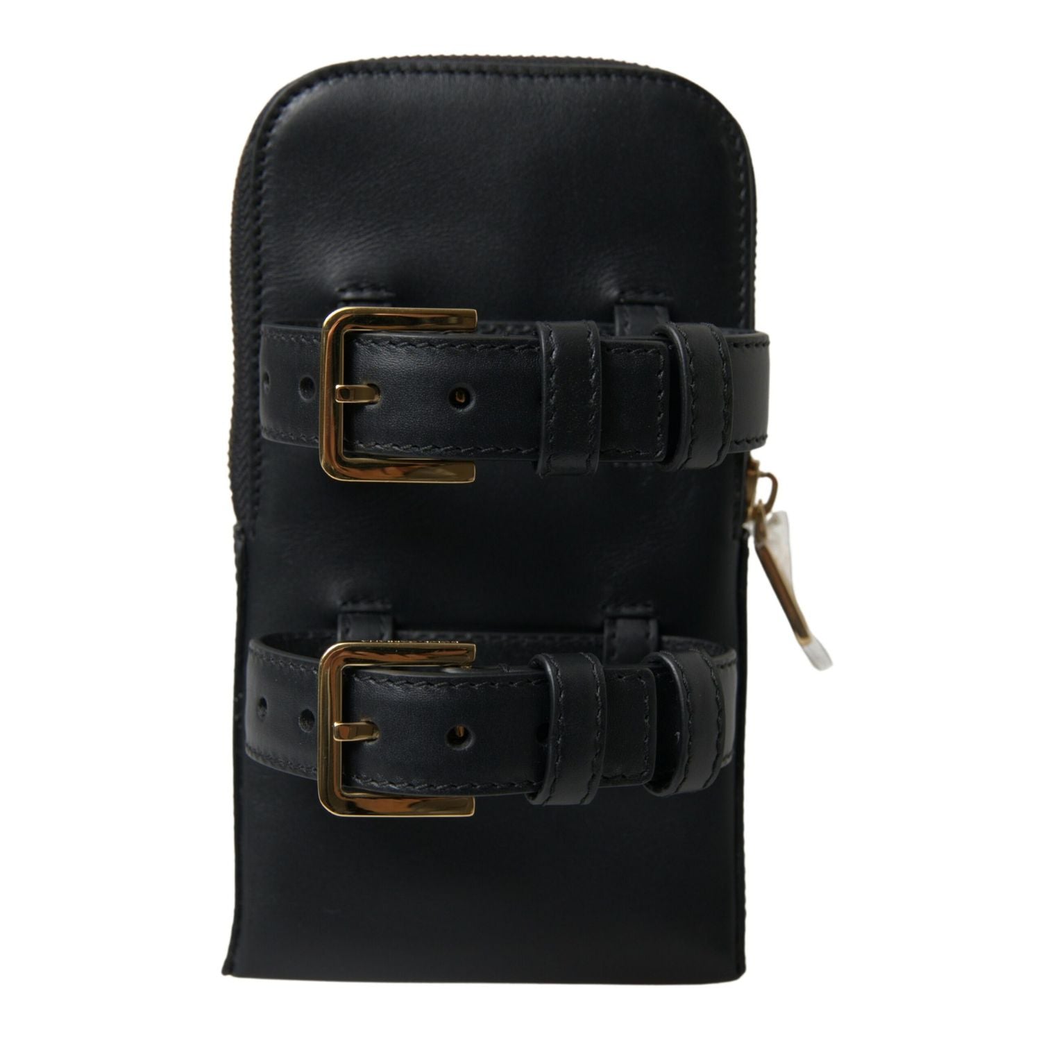 Dolce & Gabbana Black Leather Men Purse Double Belt Strap Bracelet Bag