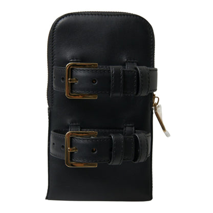 Dolce & Gabbana Black Leather Men Purse Double Belt Strap Bracelet Bag