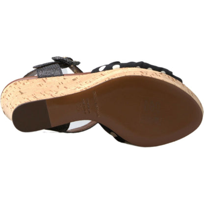 Dolce & Gabbana Black Wedges Polka Dotted Ankle Strap Shoes Sandals