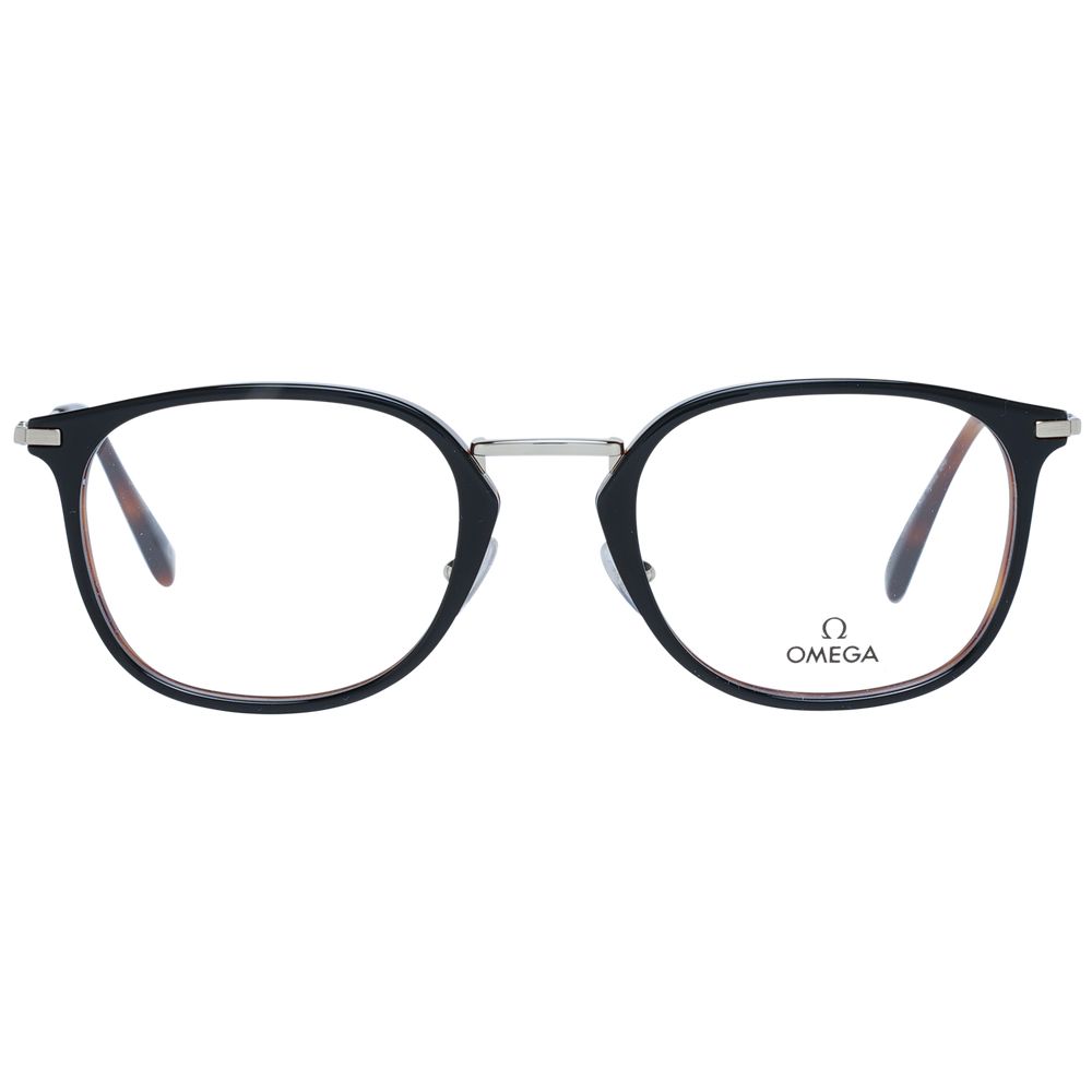 Omega Black Men Glasses Frame, metal and plastic, round full-rim design, 145mm frame width, demo lenses, branded case included.
