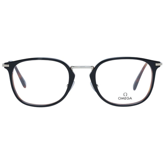 Omega Black Men Glasses Frame, metal and plastic, round full-rim design, 145mm frame width, demo lenses, branded case included.
