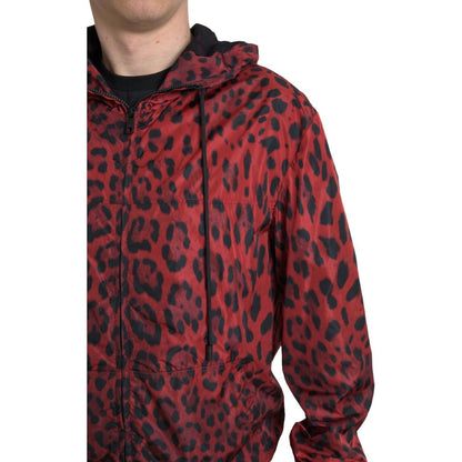 Dolce & Gabbana Red Leopard Hooded Bomber Full Zip Jacket