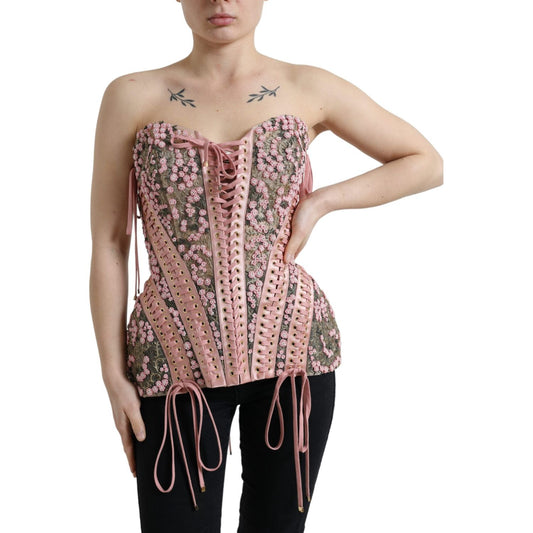 Dolce & Gabbana Pink Floral Applique Bustier Corset Top