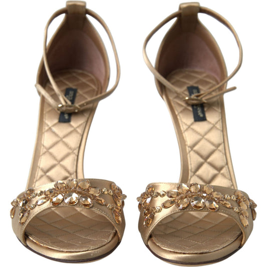 Dolce & Gabbana Gold Satin Ankle Strap Crystal Sandals Shoes LA10358-37