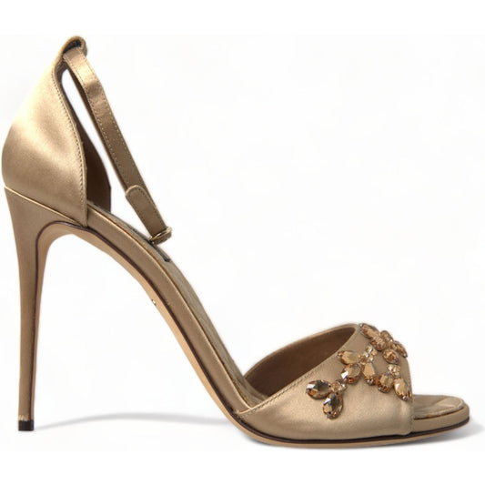 Dolce & Gabbana Gold Satin Ankle Strap Crystal Sandals Shoes LA10358-37