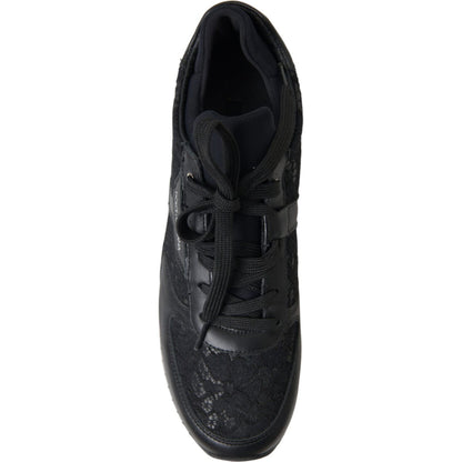 Dolce & Gabbana Black Floral Lace Leather Sneakers Shoes