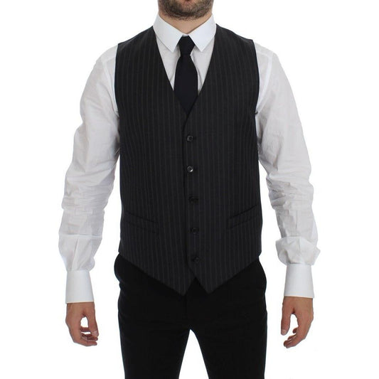 Dolce & Gabbana Gray Striped Wool Logo Vest Gilet Weste