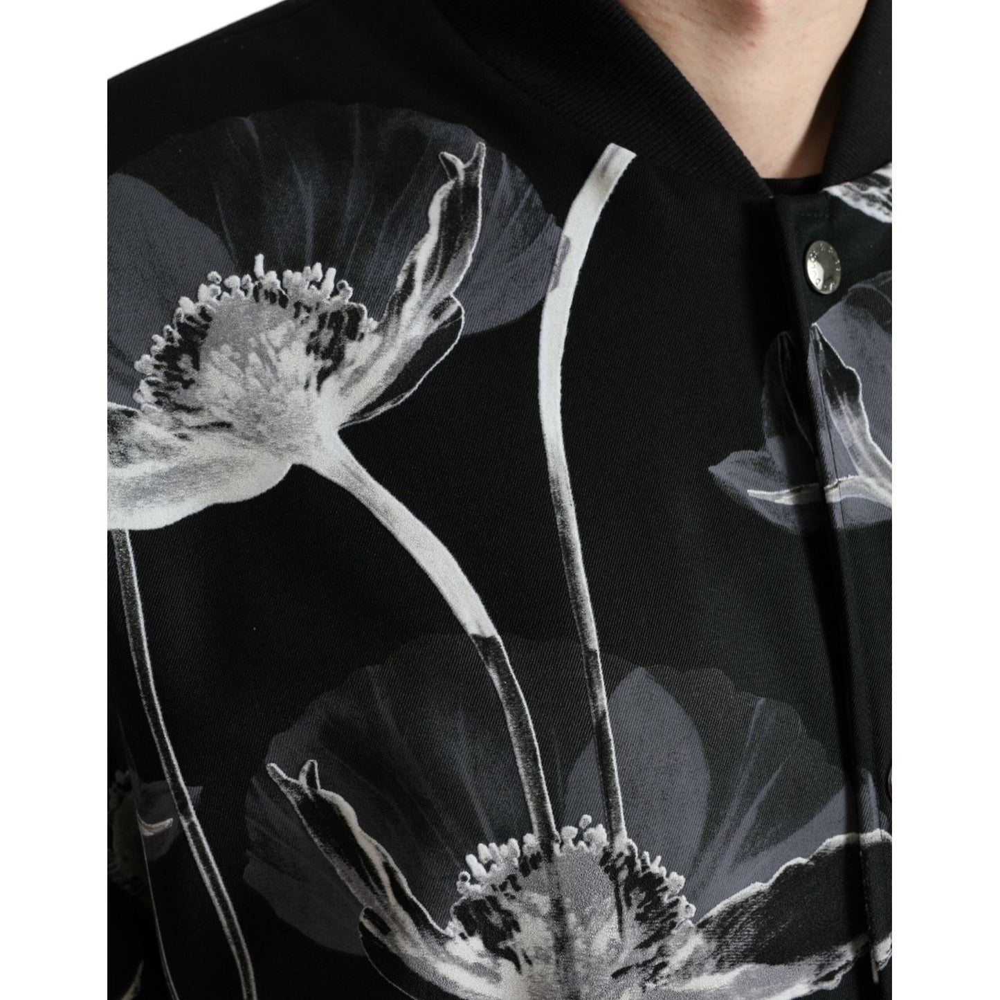Dolce & Gabbana Black Floral Print Wool Button Down Bomber Jacket JKT3772-54