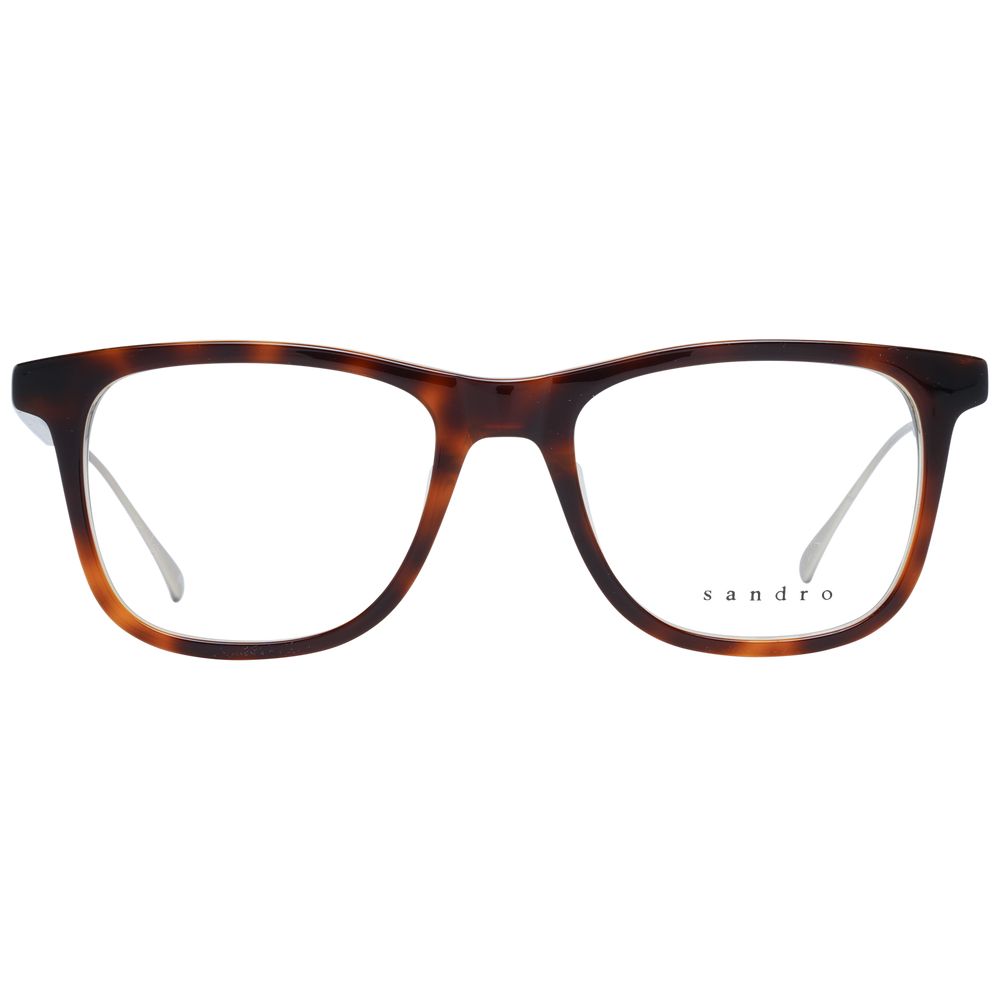 Sandro Brown Men Glasses Frame in trapezium style, acetate material, full-rim design with demo lenses. Frame width 136mm, temples 145mm.