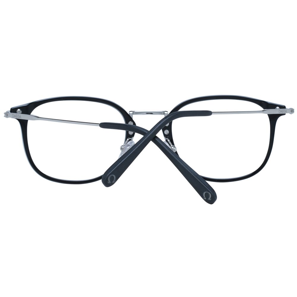 Omega Black Men Glasses Frame, full-rim round style, metal and plastic mix, black color, demo lenses, size 52-22-145, branded case included.