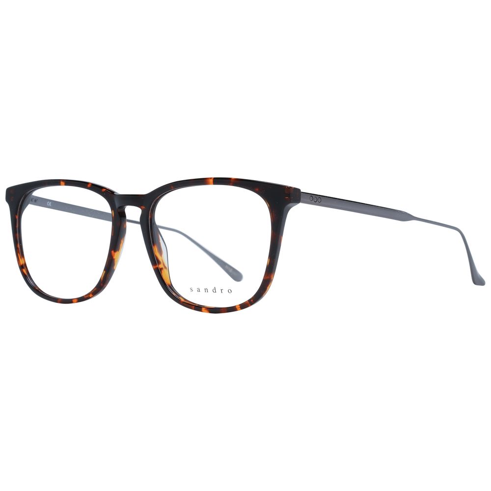 Sandro Brown Men Glasses Frame, full-rim acetate with demo plastic lenses, trapezium style, size 55-17-145, includes branded case.