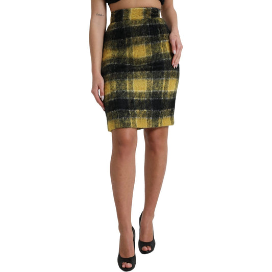 Dolce & Gabbana Yellow Black Brushed Checked Wool Pencil Cut Skirt SKi1940-40