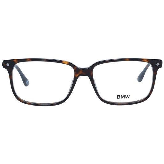 BMW Brown Men Glasses Frame, full-rim, plastic material, rectangle style, size 56-15-145, with demo lenses, branded case included.