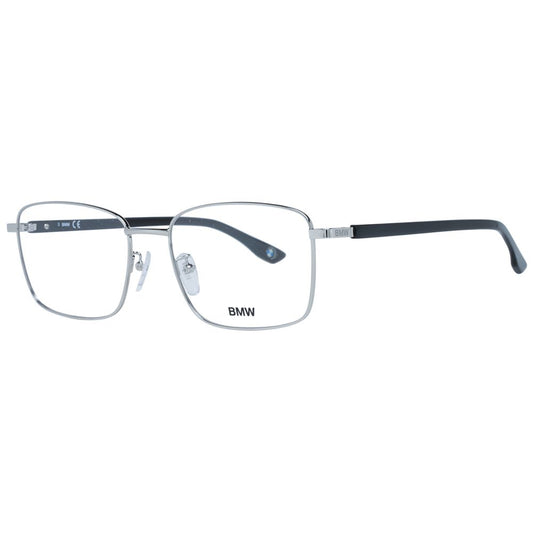 BMW Silver Men Glasses Frame in rectangle full-rim with metal and plastic material, demo lenses, size 56-18-145, silver frame color.