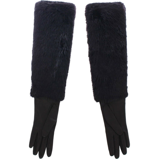 Dolce & Gabbana Black Beaver Fur Lambskin Leather Elbow Gloves MOM11432-1