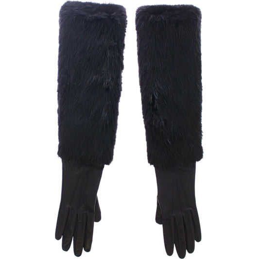 Dolce & Gabbana Black Beaver Fur Lambskin Leather Elbow Gloves MOM11432-1