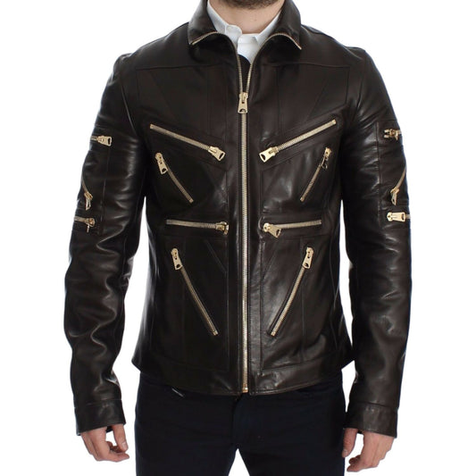 Dolce & Gabbana Brown Lambskin Leather Zipper Jacket SIG14073-3