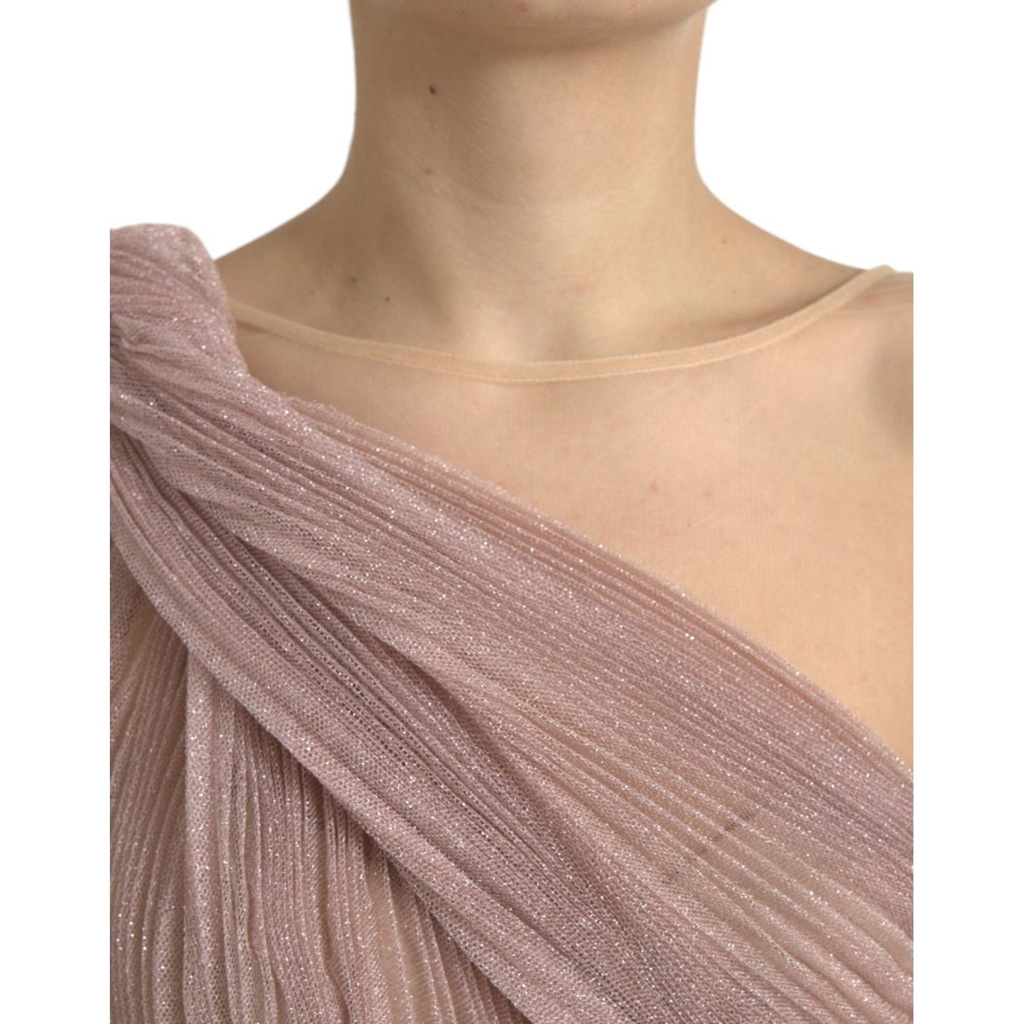 Dolce & Gabbana Pink One Shoulder Pleated Lame Tulle Dress