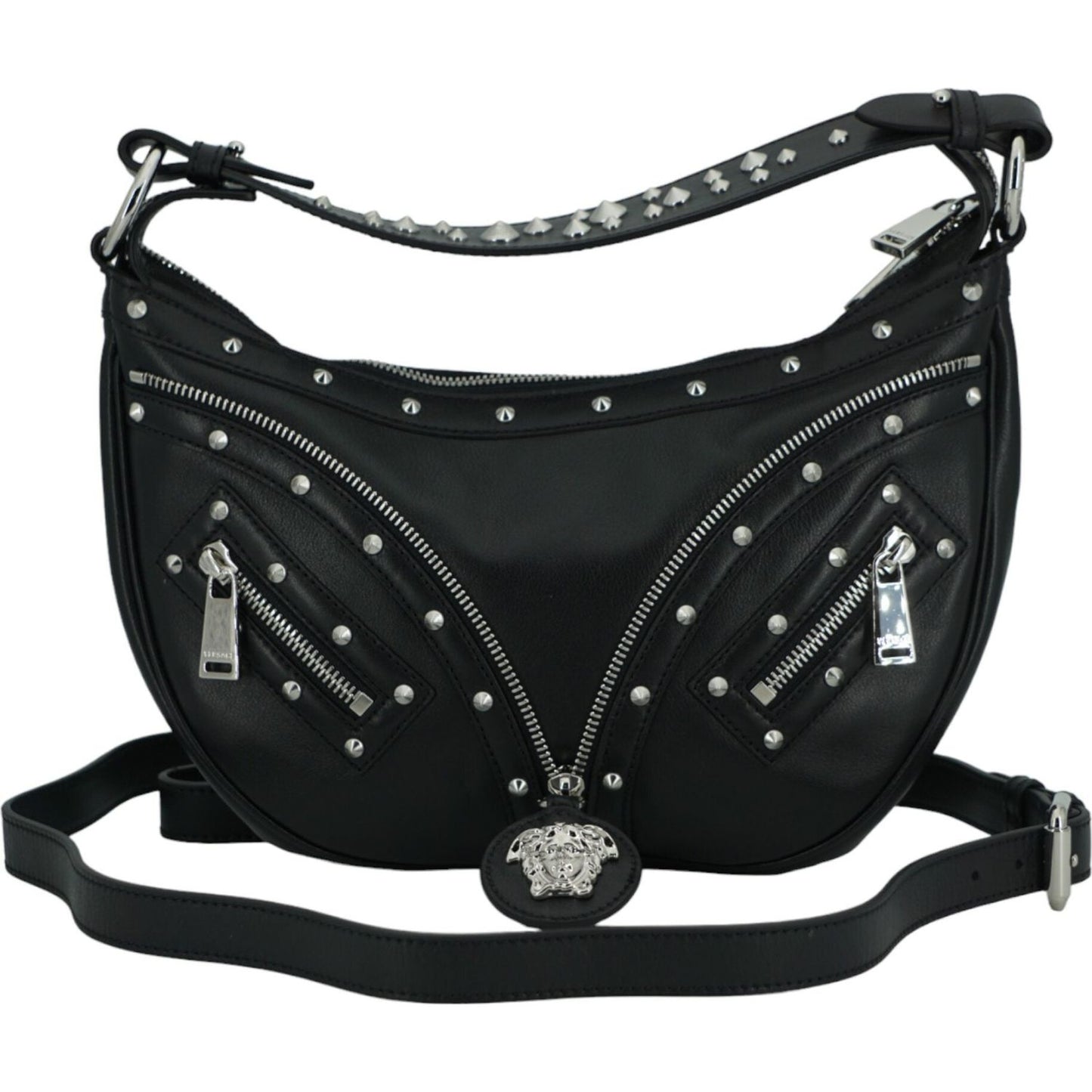 Versace Elegant Black Leather Hobo Shoulder Bag