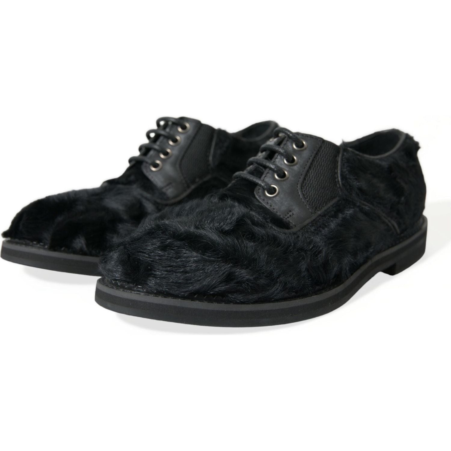 Dolce & Gabbana Black Fur Leather Lace Up Derby Dress Shoes
