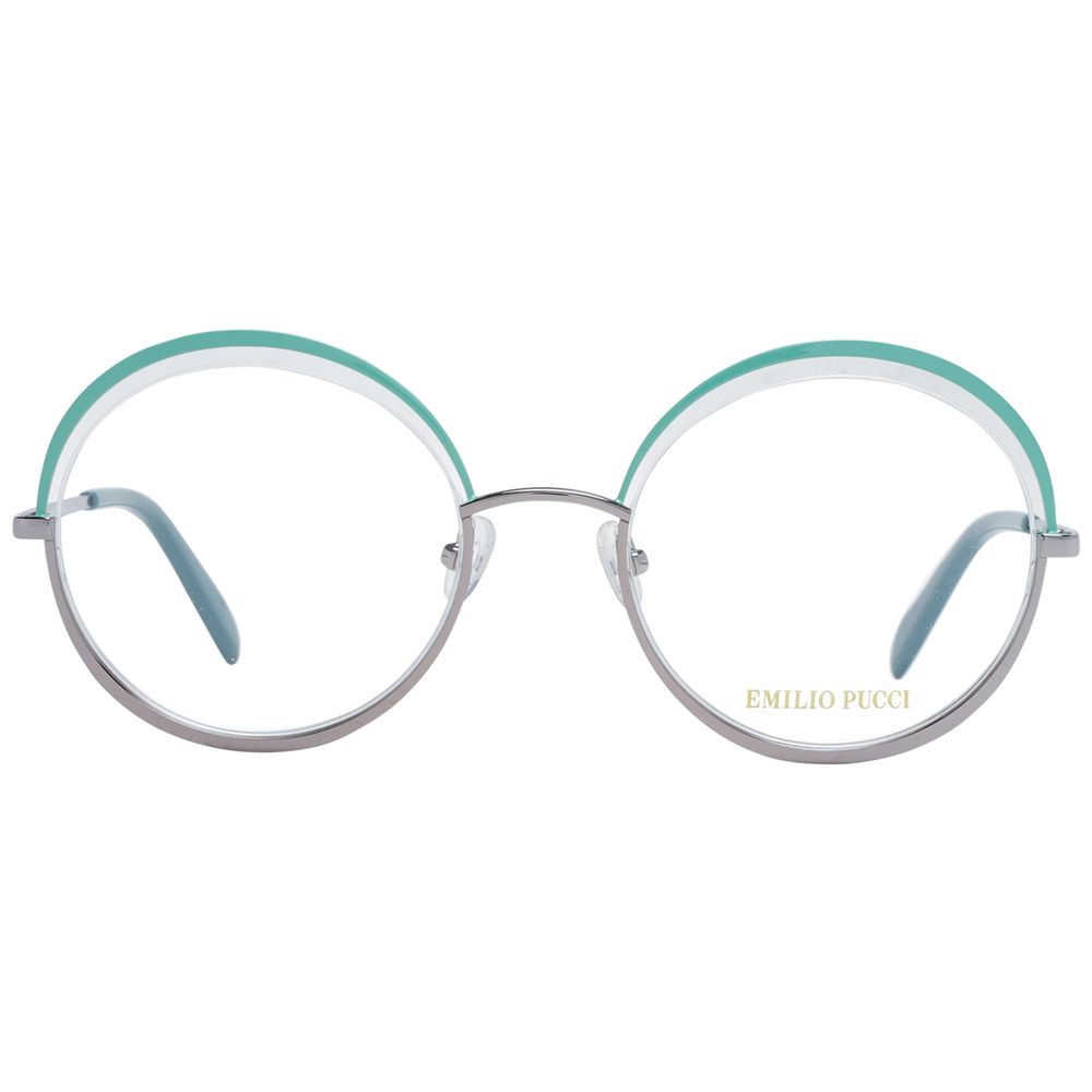 Alt Tag: Emilio Pucci Green Women Glasses Frame in metal half-rim style with demo lenses and round shape, includes a branded case.