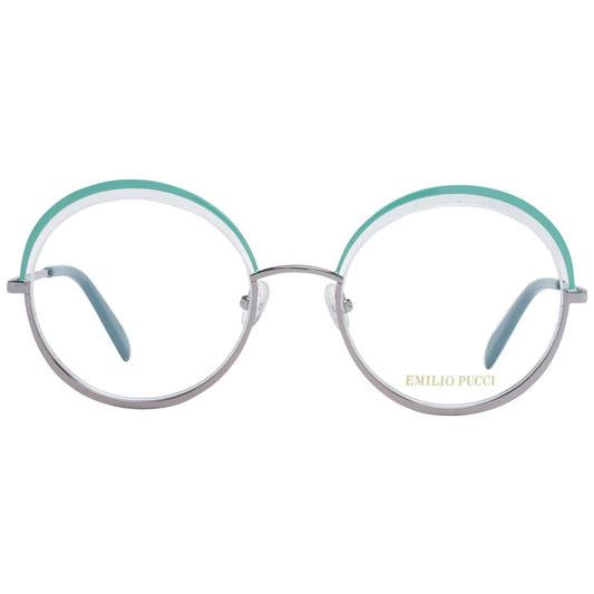 Alt Tag: Emilio Pucci Green Women Glasses Frame in metal half-rim style with demo lenses and round shape, includes a branded case.