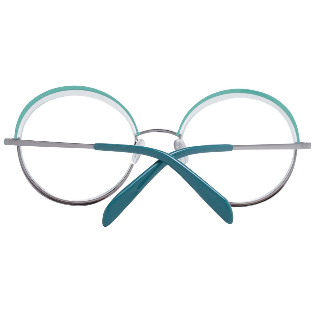 Emilio Pucci Green Women Glasses Frame with half-rim metal design and round style, includes branded case, size 53-21-140, lens demo color.