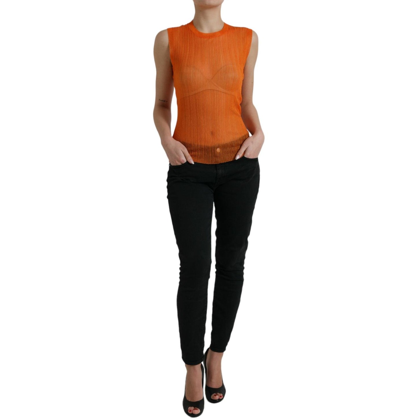 Dolce & Gabbana Orange See Through Crew Neck Blouse Tank Top