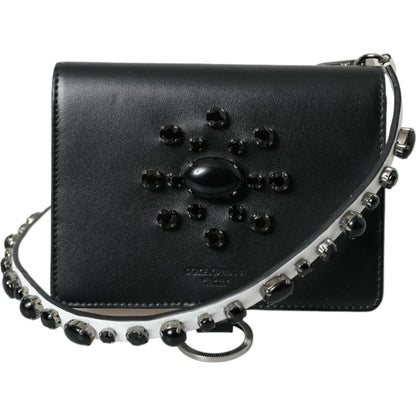 Dolce & Gabbana Black White Leather Crystal Embellished Cardholder Wallet