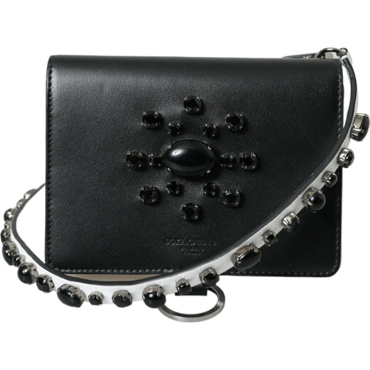 Dolce & Gabbana Black White Leather Crystal Embellished Cardholder Wallet
