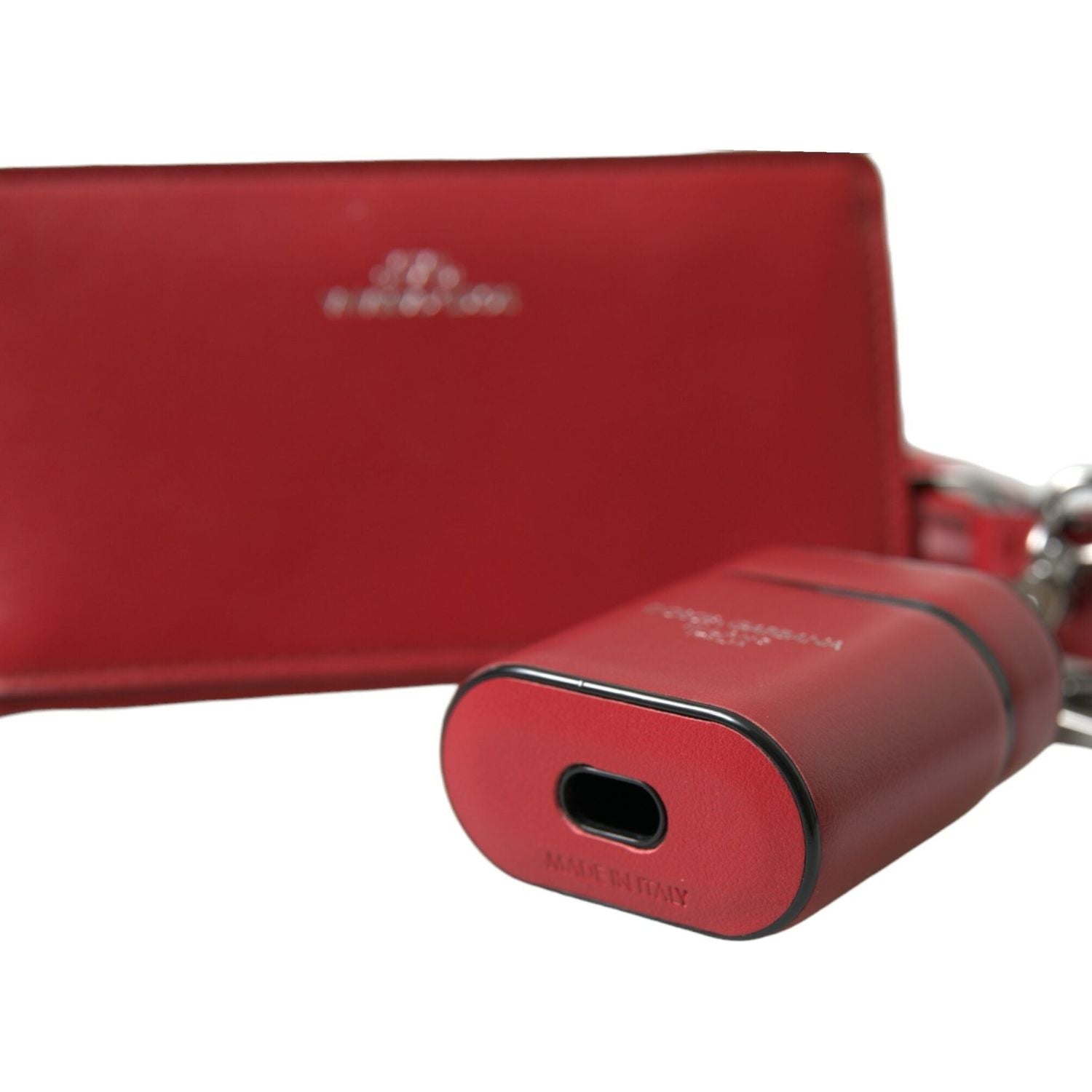 Dolce & Gabbana Red Leather Silver Metal Logo Strap Pouch Airpods Case