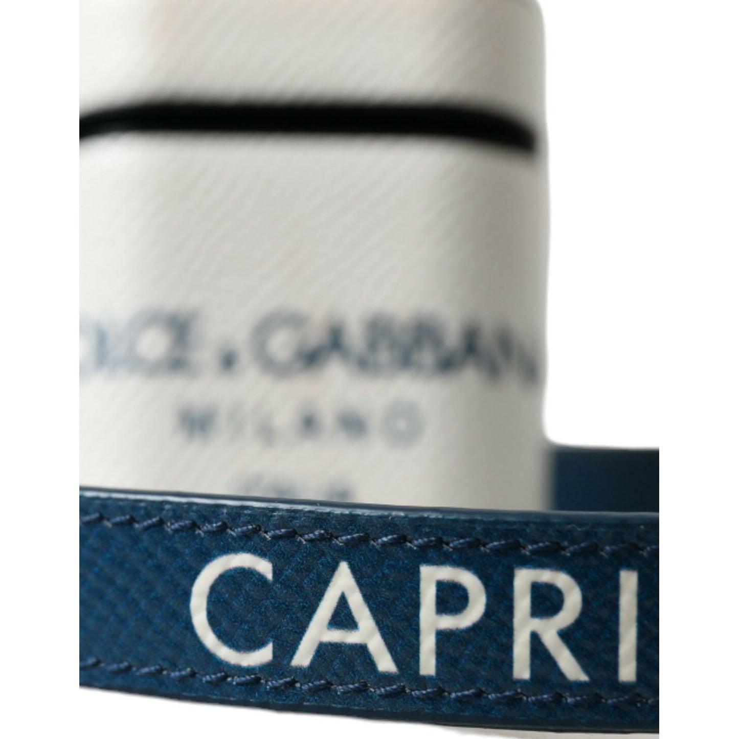 Dolce & Gabbana White Blue Calf Leather Logo Print Strap Airpods Case