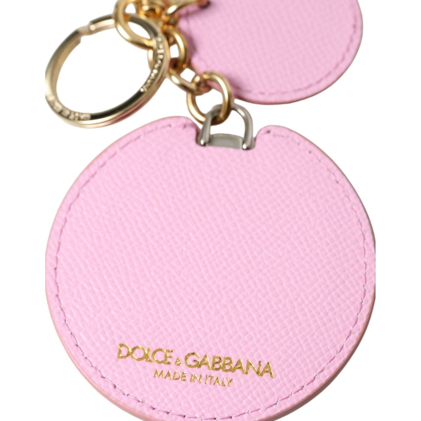 Dolce & Gabbana Pink Calf Leather Gold Metal Logo Print Keyring Keychain