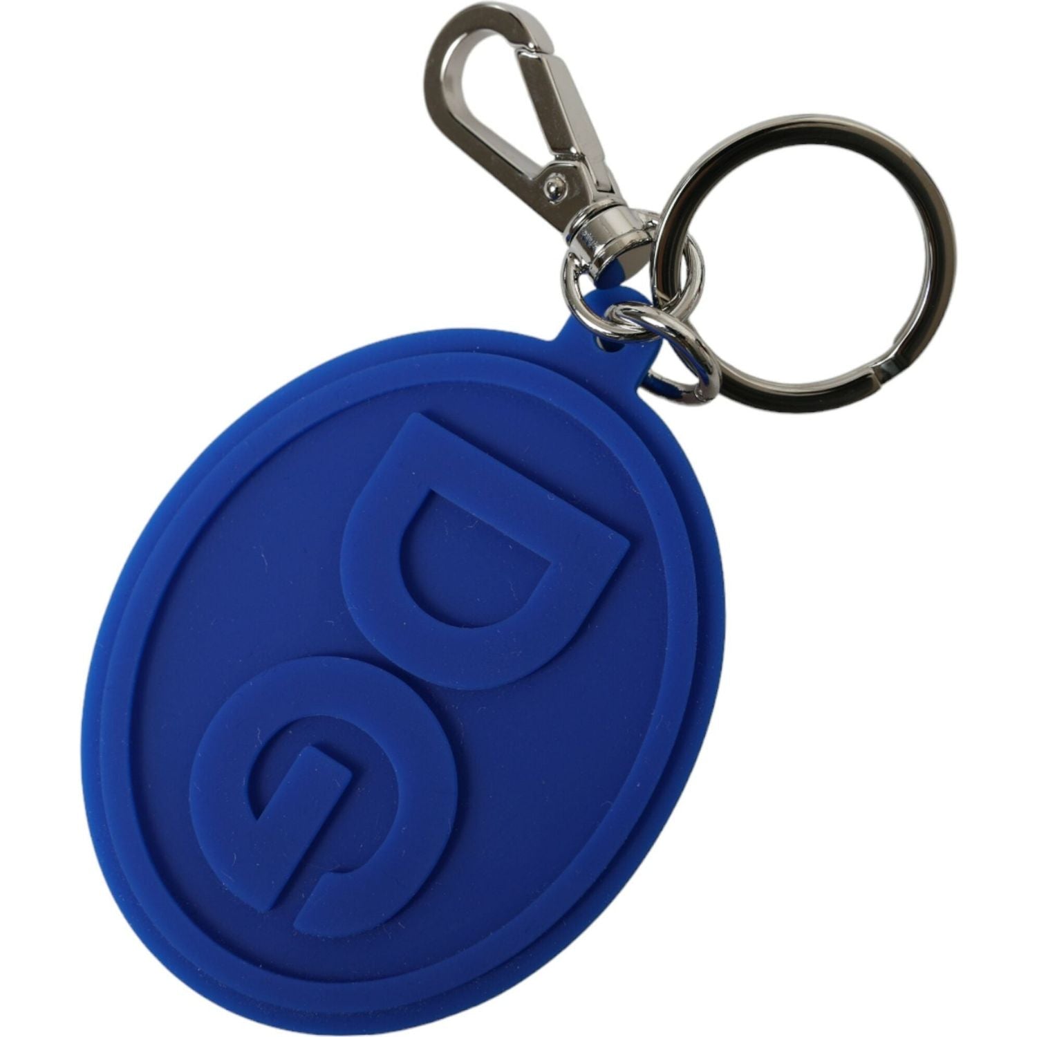 Dolce & Gabbana Blue Rubber DG Logo Silver Brass Metal Keyring Keychain