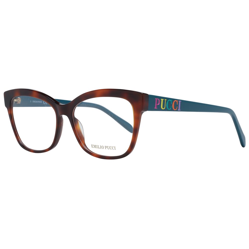 Alt Tag: Emilio Pucci Brown Women Glasses Frame with plastic full-rim butterfly style, brown color, size 54-15-140, demo lenses included.