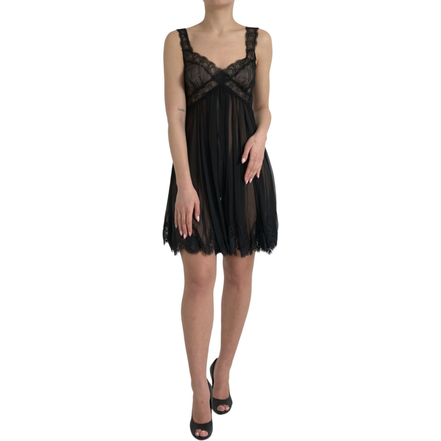 Dolce & Gabbana Black Silk Pleated Lace Chiffon Mini Dress