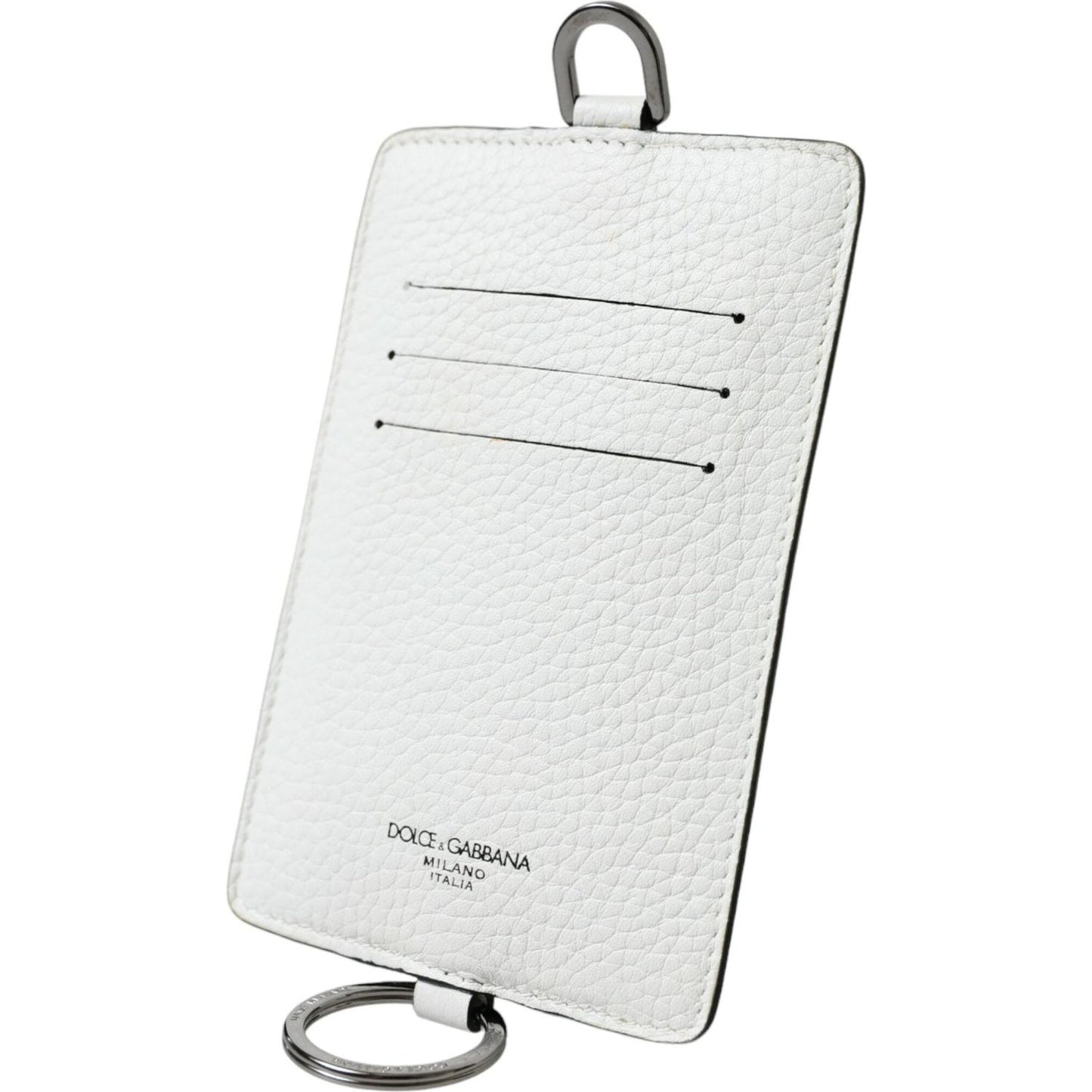 Dolce & Gabbana White Calf Leather Lanyard Logo Card Holder Wallet
