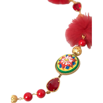 Dolce & Gabbana Gold Brass Red Fur Crystal Carretto Chain Necklace Necklace