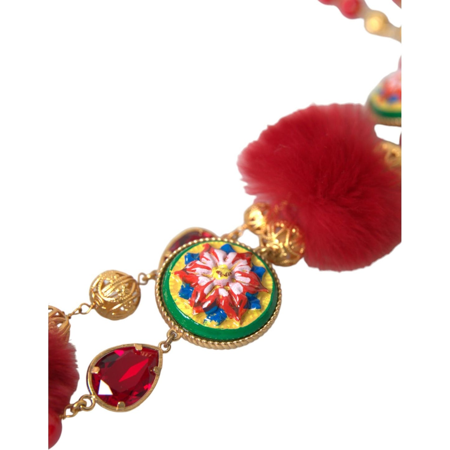 Dolce & Gabbana Gold Brass Red Fur Crystal Carretto Chain Necklace Necklace