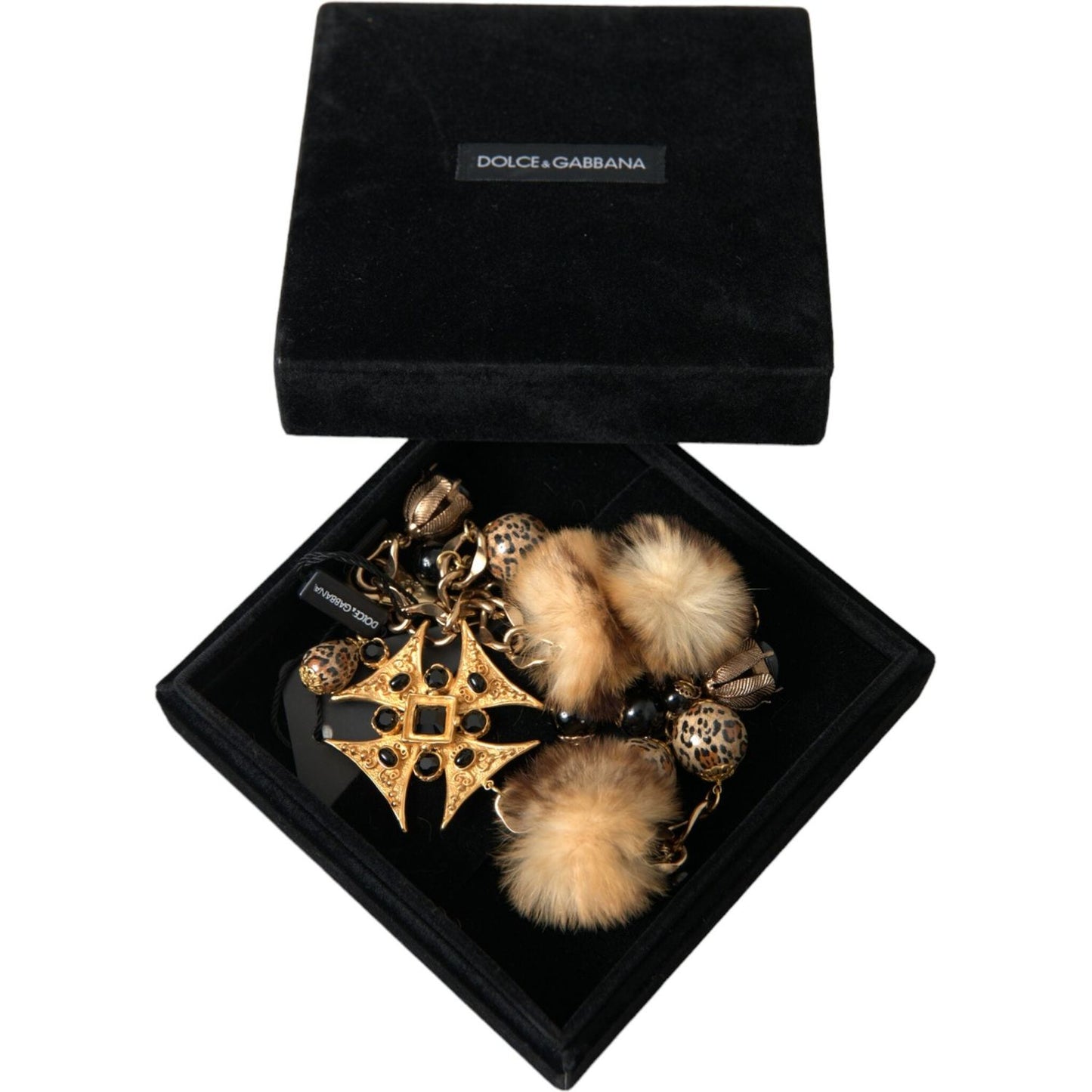 Dolce & Gabbana Gold Black Crystals Lapin Fur Filigree Chocker Necklace Necklace