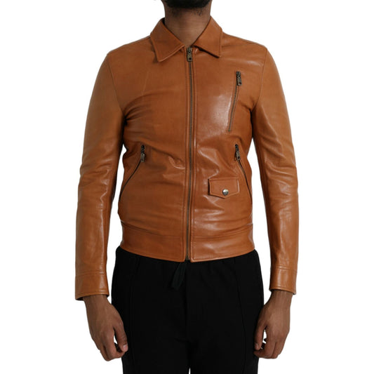Dolce & Gabbana Brown Lamb Leather Full Zip Blouson Jacket JKT4047-44