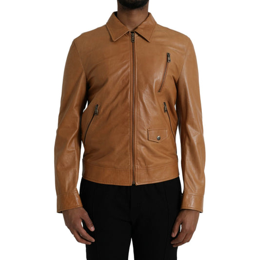 Dolce & Gabbana Brown Lamb Leather Full Zip Blouson Jacket JKT4048-50