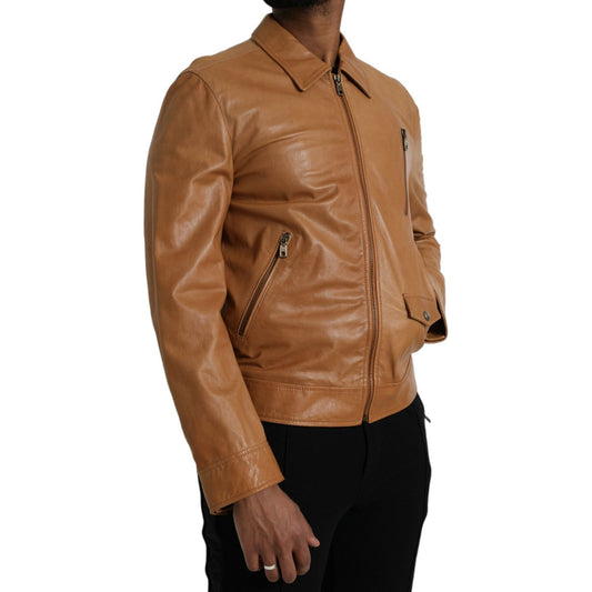 Dolce & Gabbana Brown Lamb Leather Full Zip Blouson Jacket JKT4048-50
