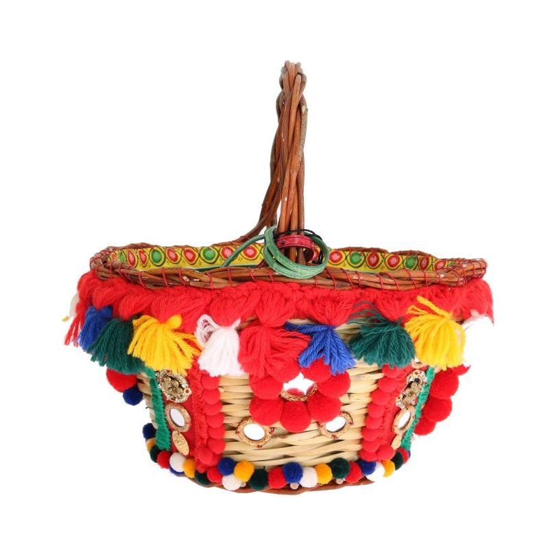 Dolce & Gabbana Multicolor AGNESE Straw Crystal Pom Pom Bag