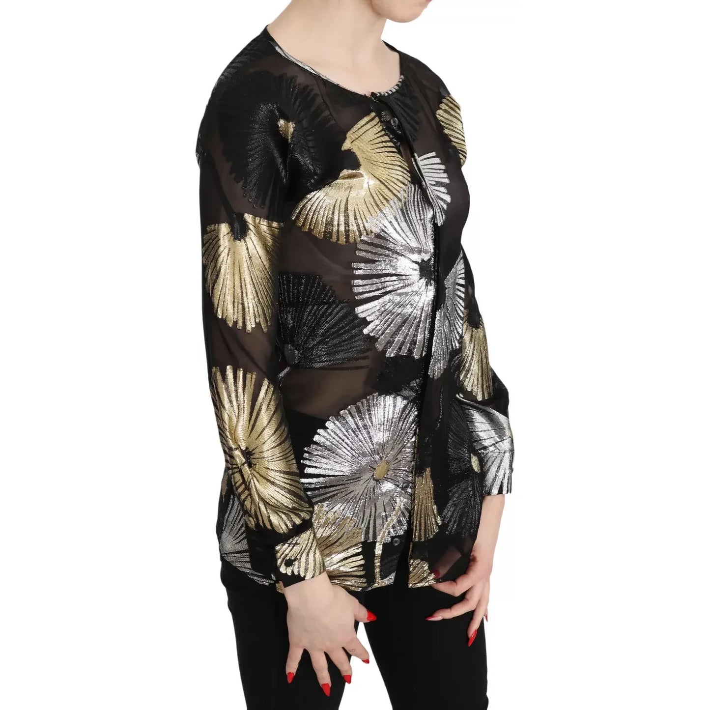 Dsquared² Gold Silver Silk Jacquard See Through Top Blouse TSH3487-40